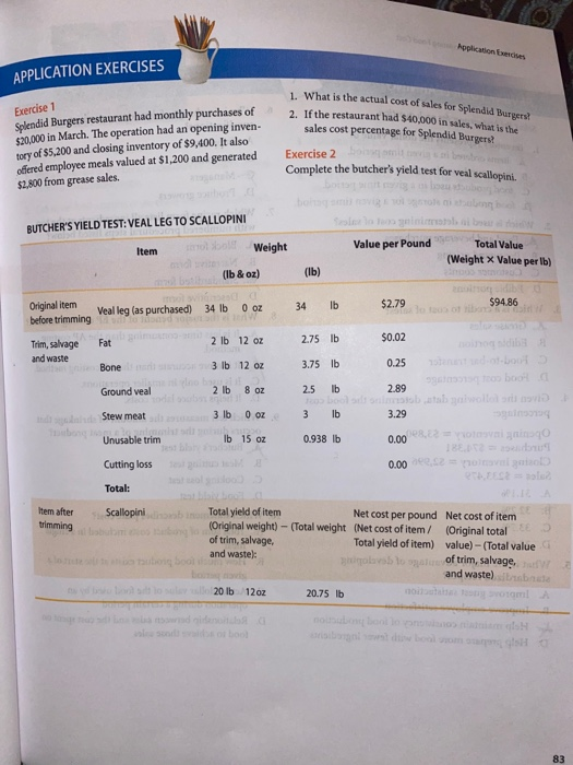 Exercise 2 complete the butcher yield for veal