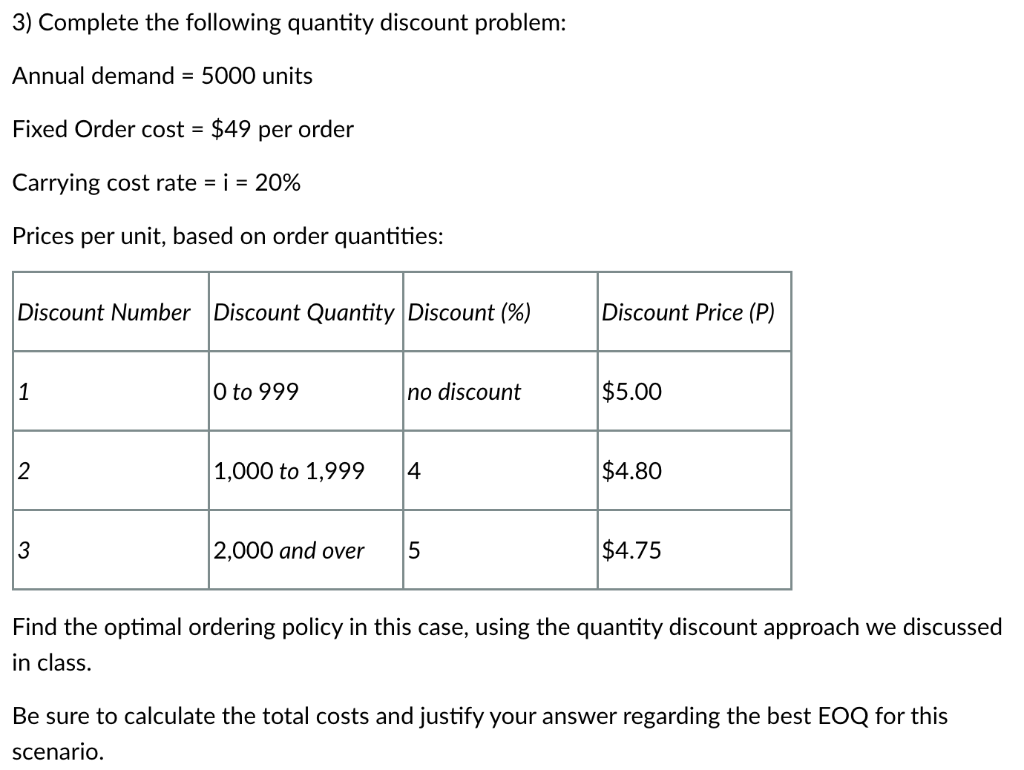 3) Complete the following quantity discount