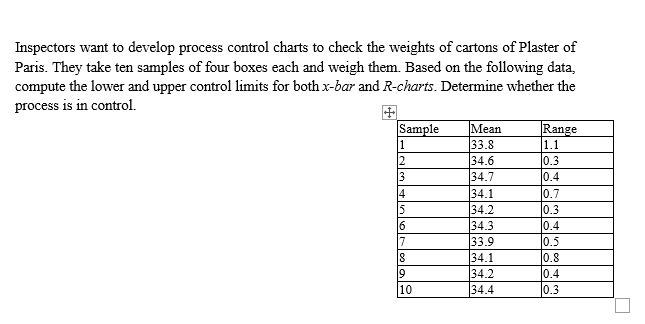 Inspectors want to develop process control charts