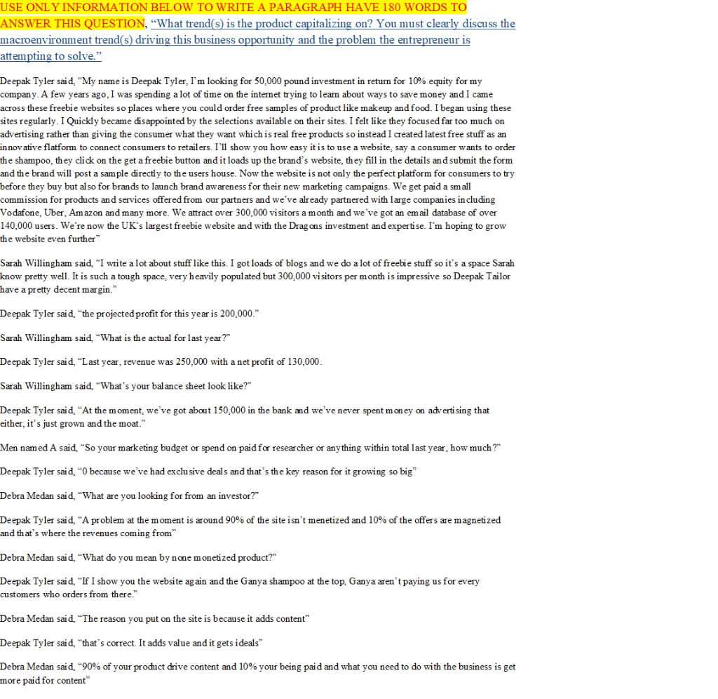 USE ONLY INFORMATION BELOW TO WRITE A PARAGRAPH