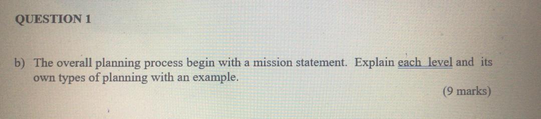 QUESTION 1 b) The overall planning process begin
