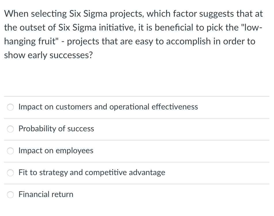 When selecting Six Sigma projects, which factor