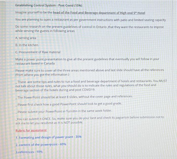 Establishing Control System - Post Covid (15%)