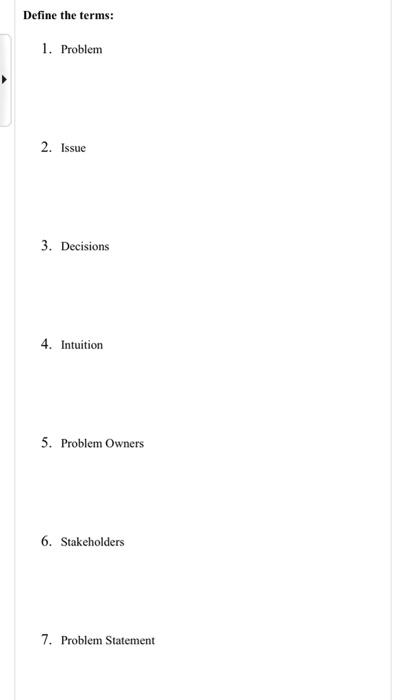 BMGT 2302 Define the terms: 1. Problem 2. Issue
