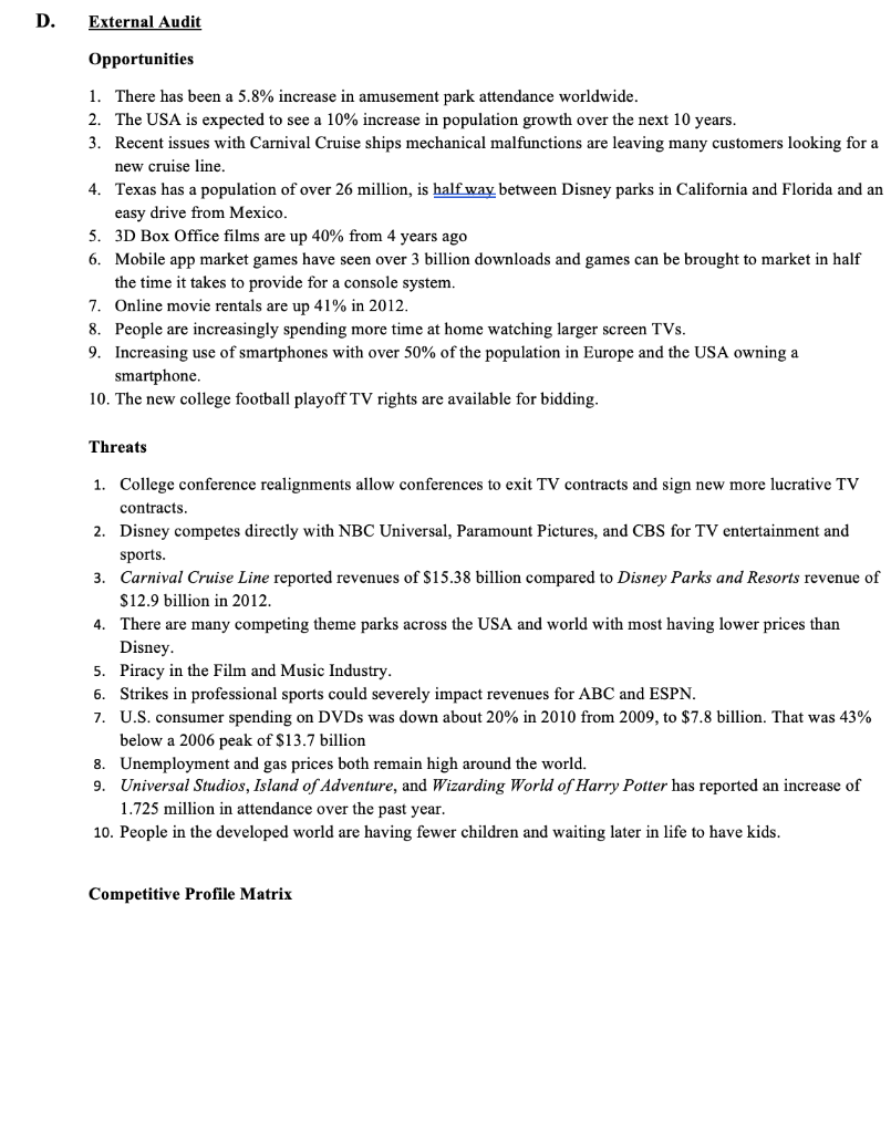 For the case analysis Walt Disney: 1) Give a