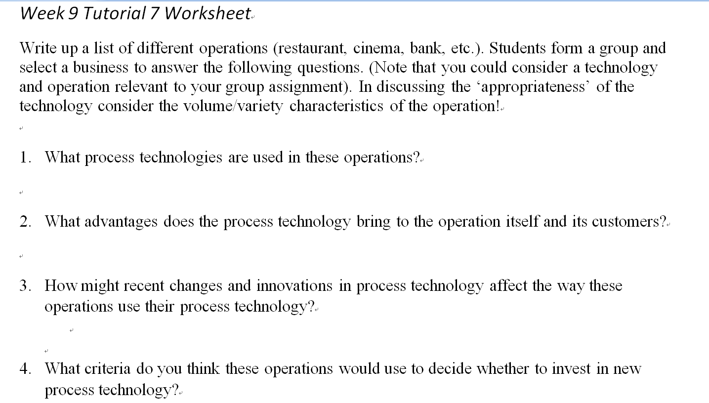 Week 9 Tutorial 7 Worksheet. Write up a list of
