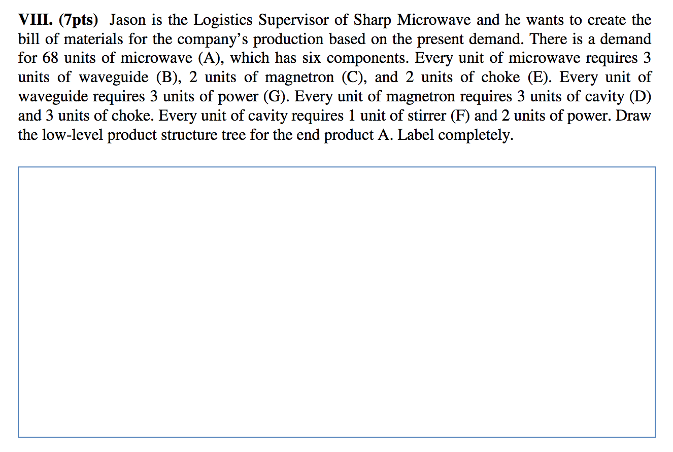 VIII. (7pts) Jason is the Logistics Supervisor of