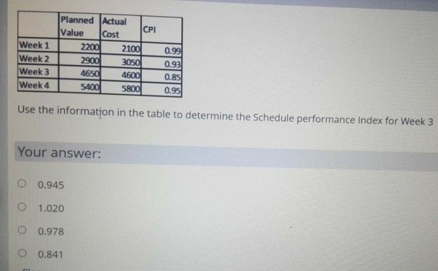 Week 1 Week 2 Week 3 Week 4 Planned Actual CPI