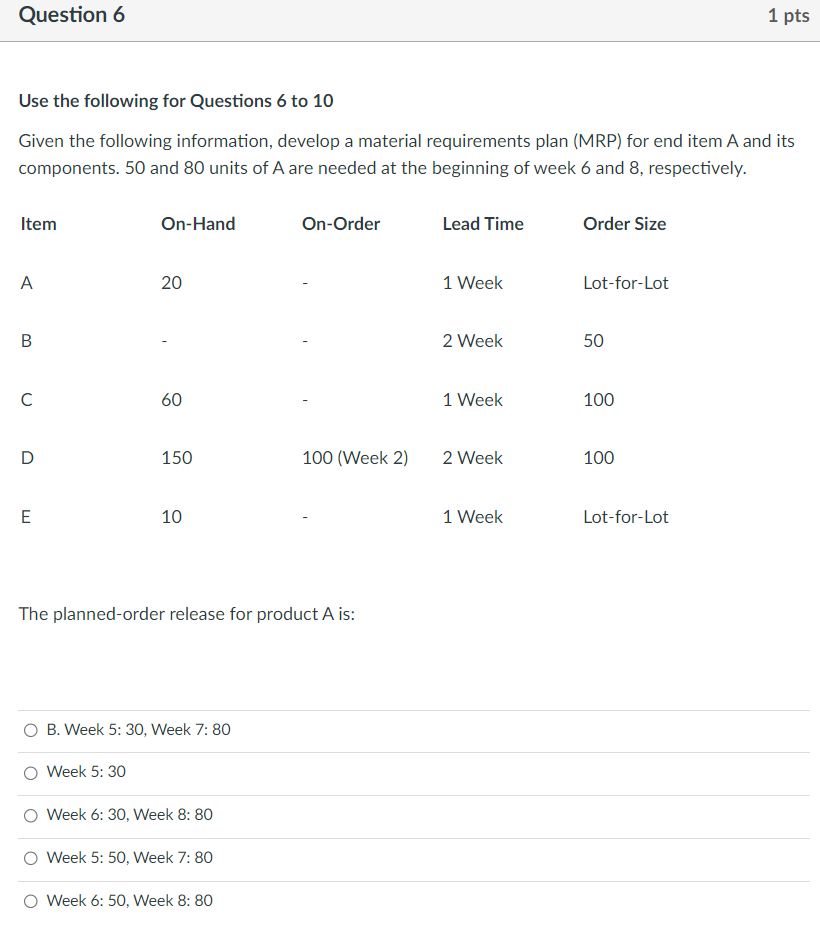 Use the following for Questions 6 to 10 Given the