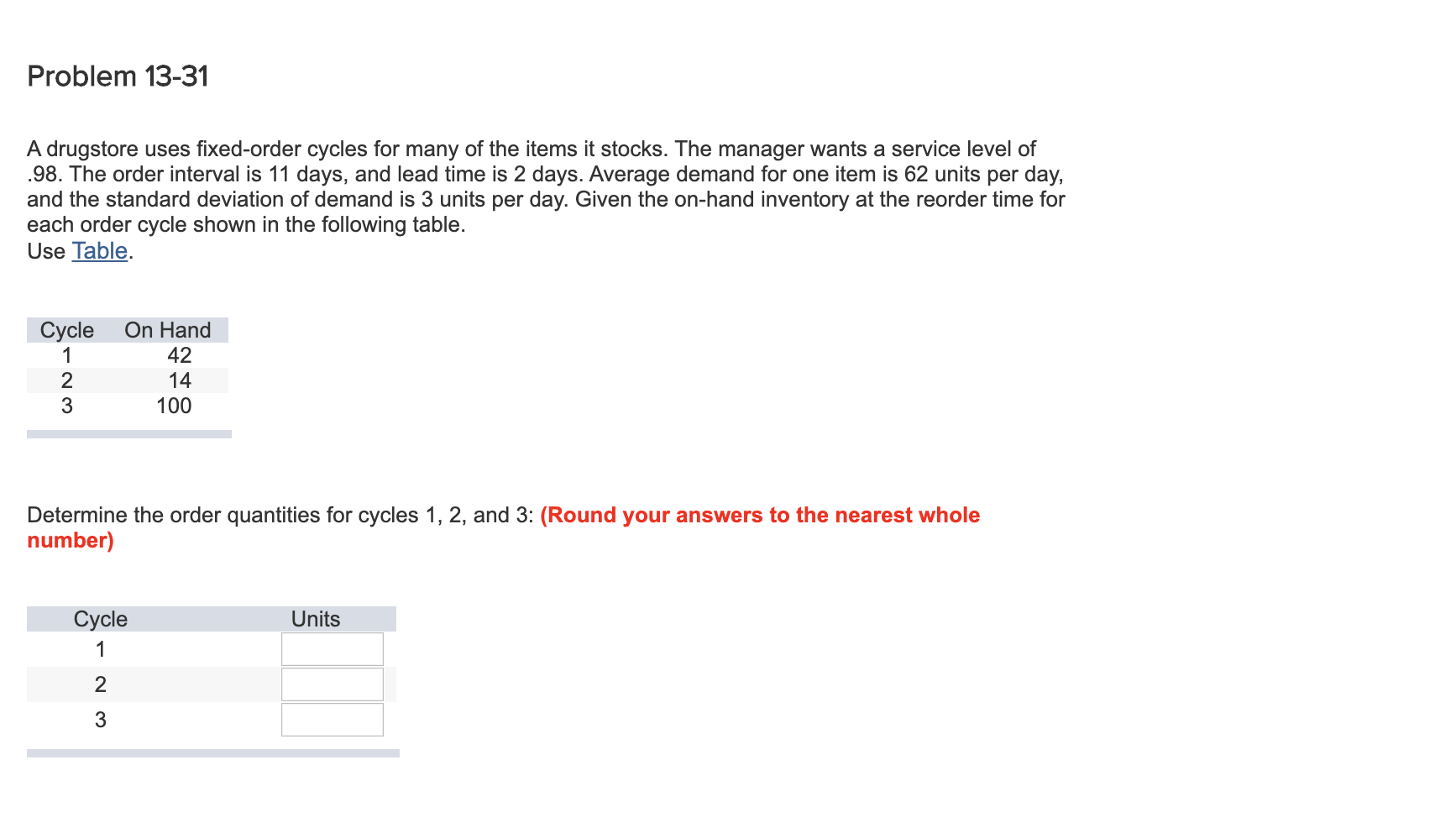 Problem 13-31 A drugstore uses fixed-order cycles