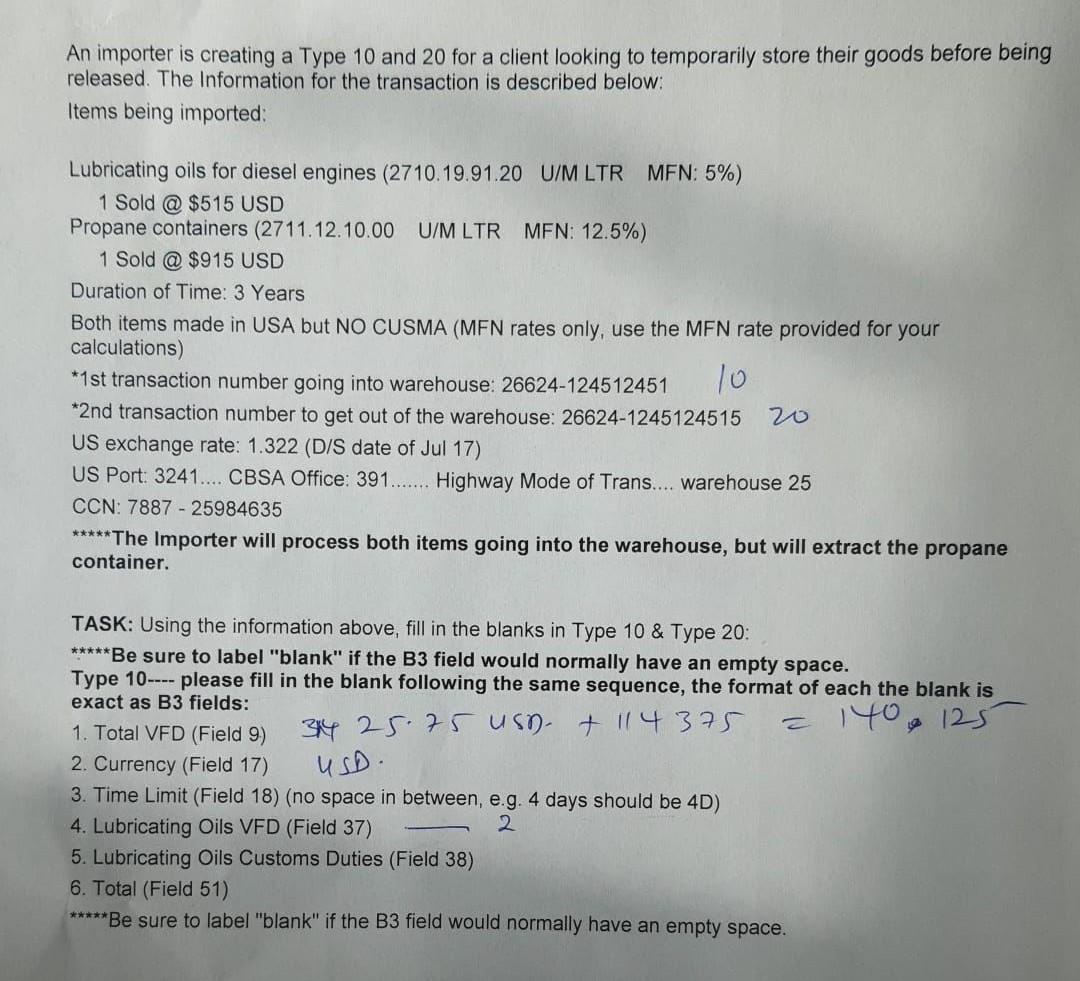 An importer is creating a Type 10 and 20 for a