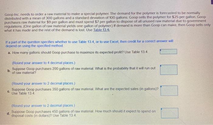 Goop Inc, needs to order a raw material to make a