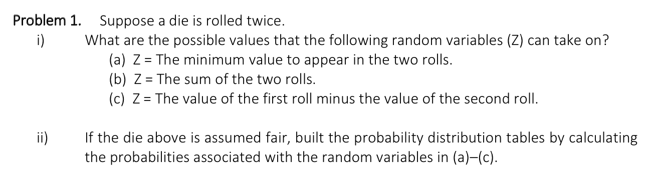 Problem 1. Suppose a die is rolled twice. i) What