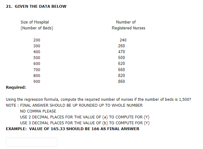 21. GIVEN THE DATA BELOW Size of Hospital (Number