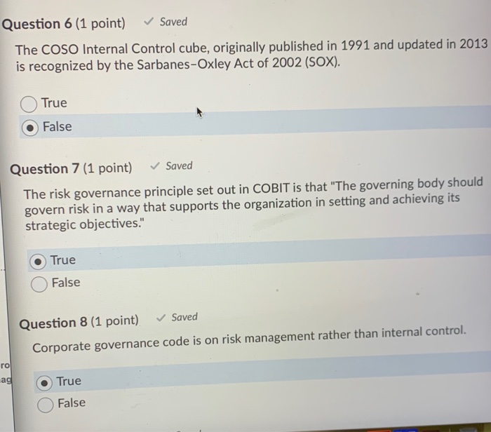 Question 6 (1 point) Saved The COSO Internal