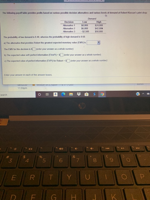 The following payoff table provides profits based