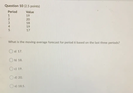 Question 10 (2.5 points) Period Value 1 19 2. 20