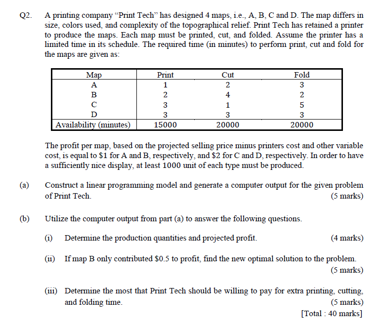 Q2. A printing company Print Tech has designed 4