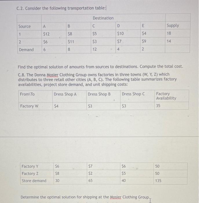 C.2. Consider the following transportation table: