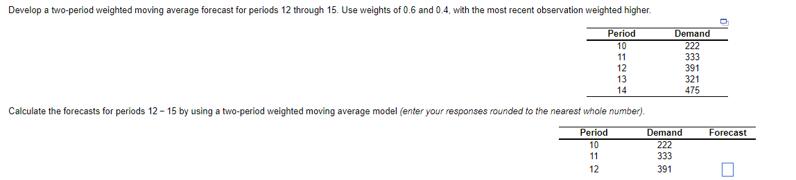 Develop a two-period weighted moving average