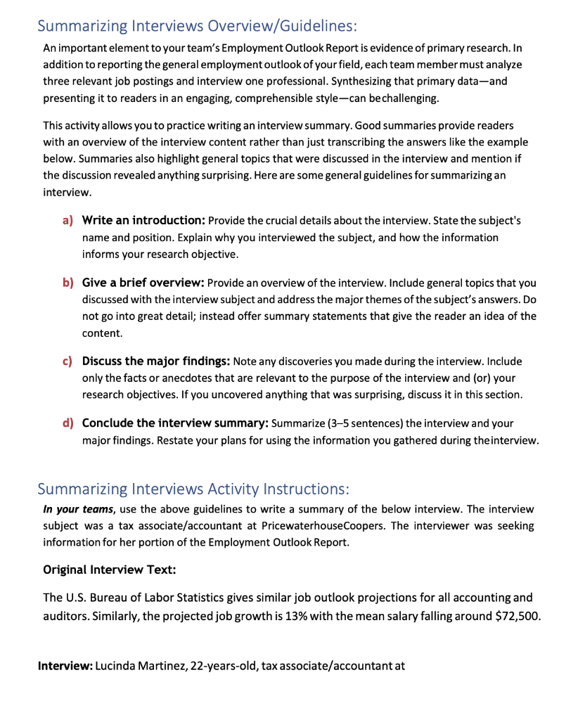 Summarizing Interviews Overview/Guidelines: An