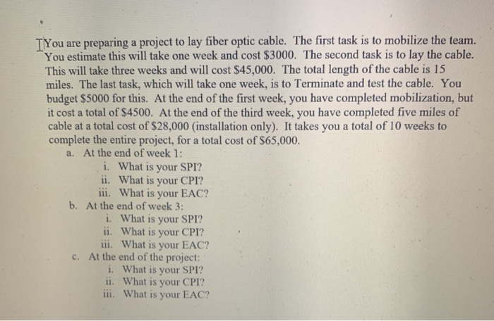 I You are preparing a project to lay fiber optic