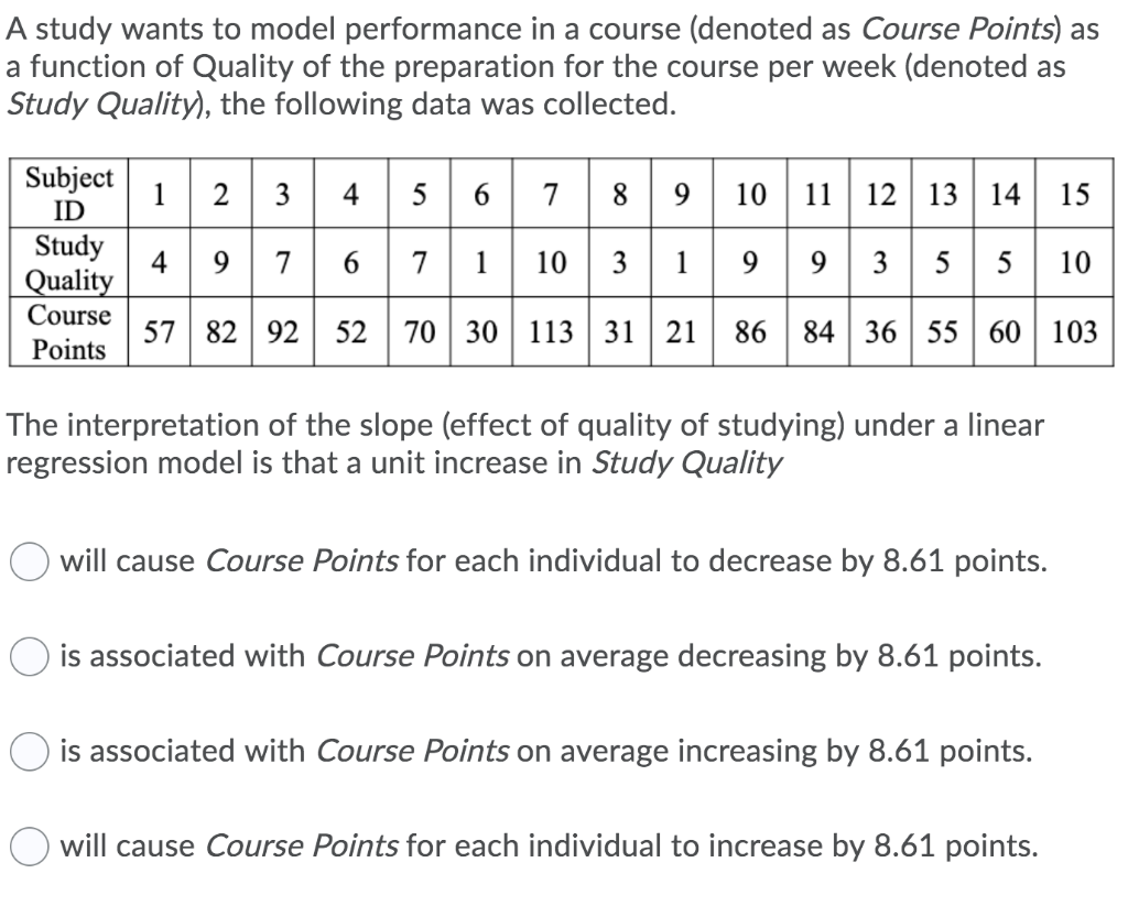A study wants to model performance in a course