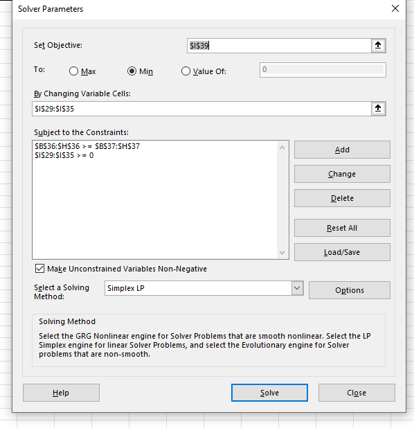 Please explain part (b) and the Solver parameters