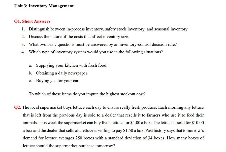 please write in typing Unit 3: Inventory