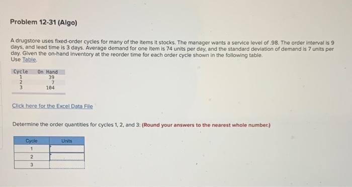 Problem 12-31 (Algo) A drugstore uses fixed-order