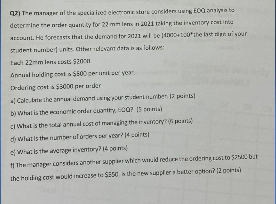 student number: 5 Q2) The manager of the