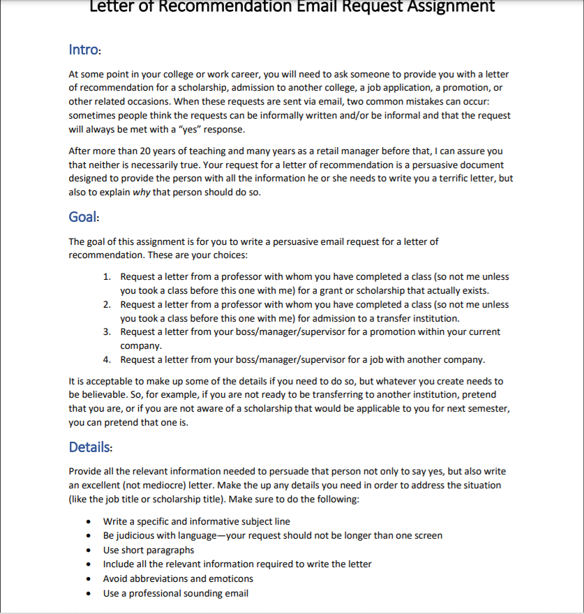 Letter of Recommendation Email Request Assignment
