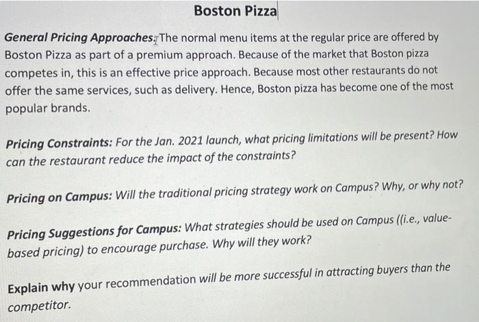 Boston Pizza General Pricing Approaches. The