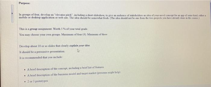 Purposes In groups of four develop an elevator
