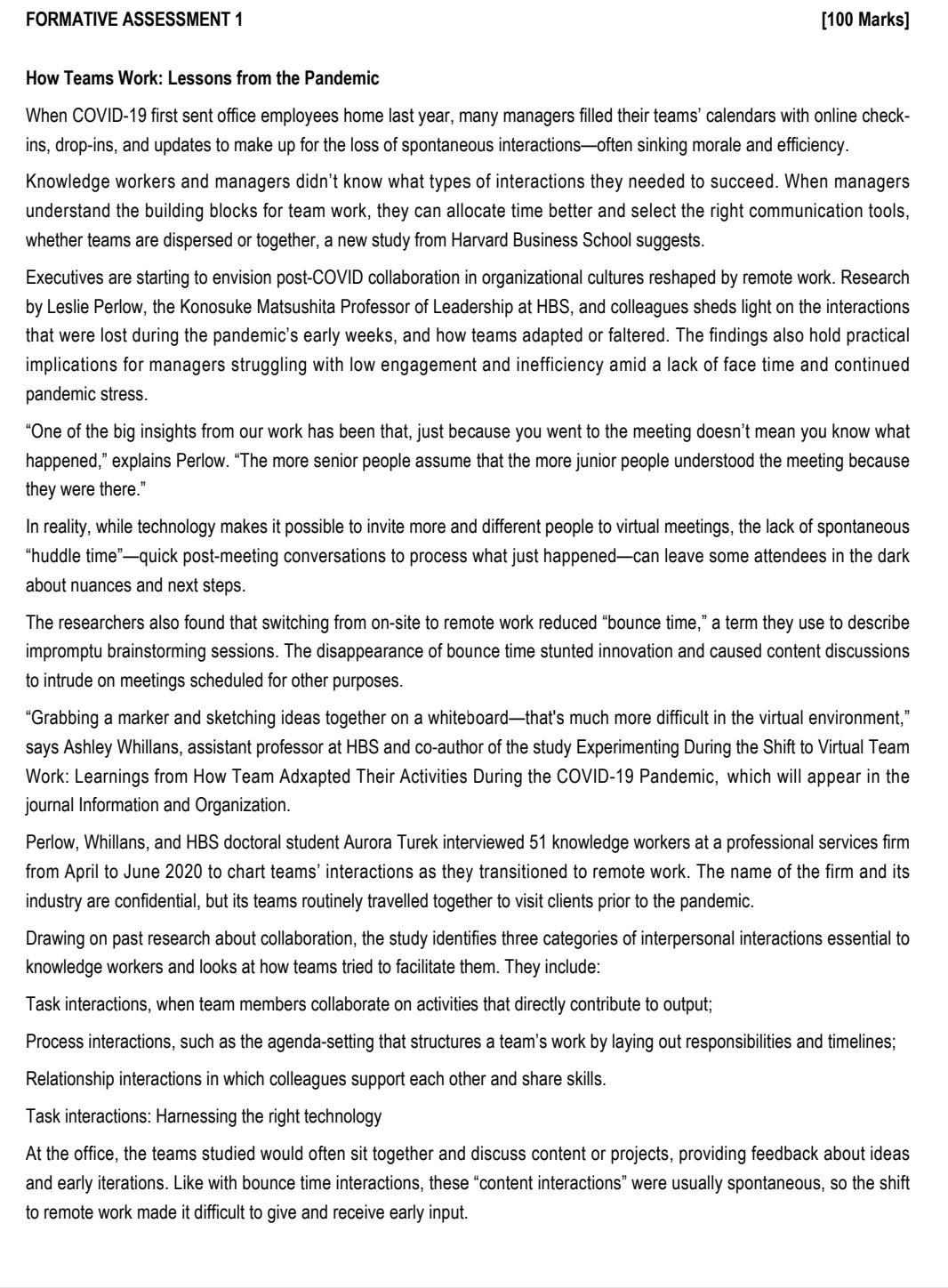 FORMATIVE ASSESSMENT 1 [100 Marks] How Teams