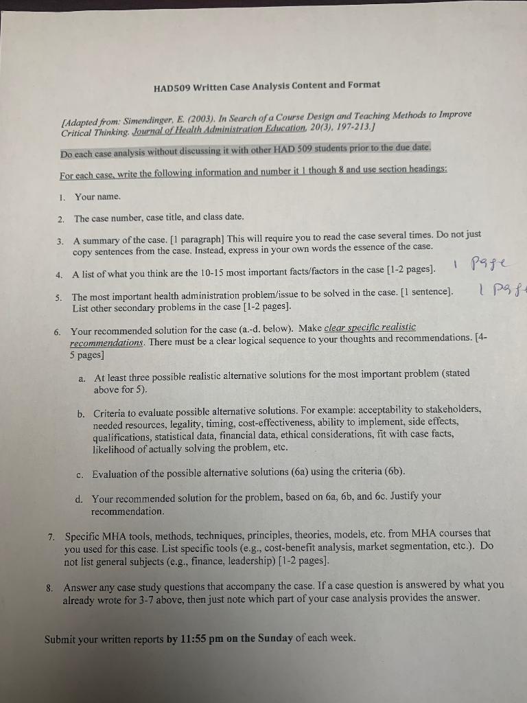 HAD509 Written Case Analysis Content and Format