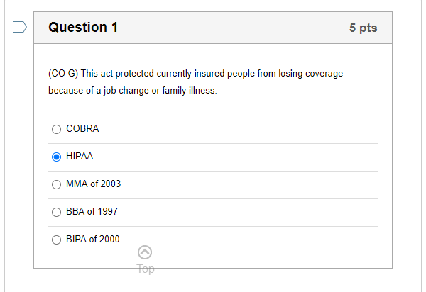 Question 1 5 pts (COG) This act protected