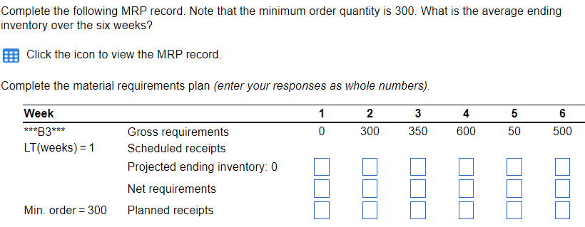 Complete the following MRP record. Note that the