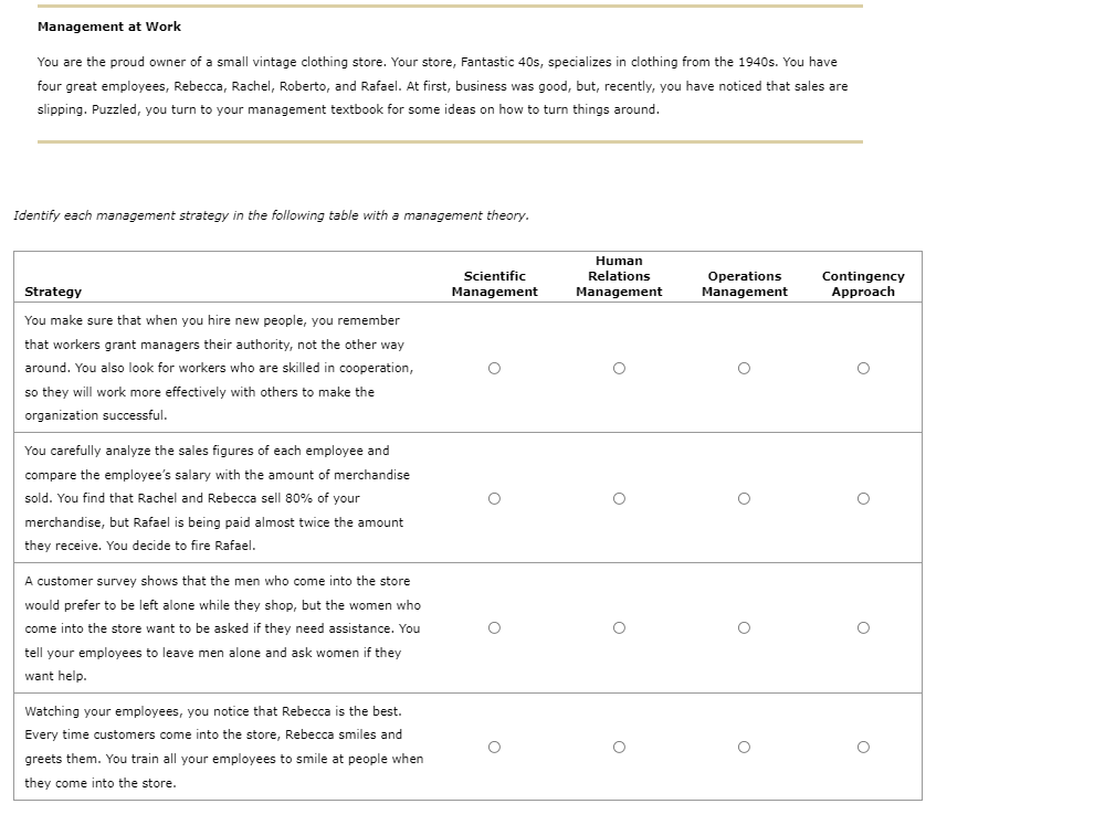 Management at Work You are the proud owner of a