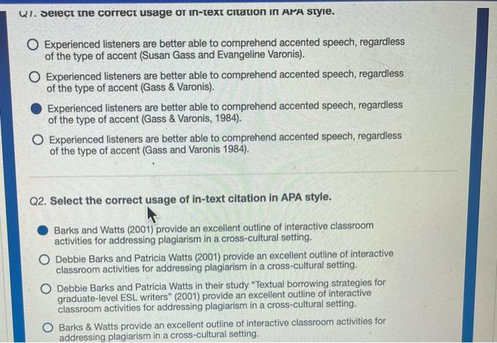 Q1. Select the correct usage or in-text citation