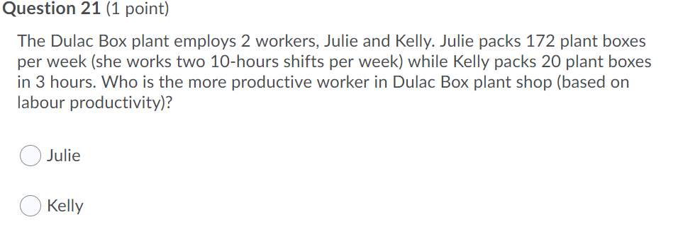 Question 21 (1 point) The Dulac Box plant employs
