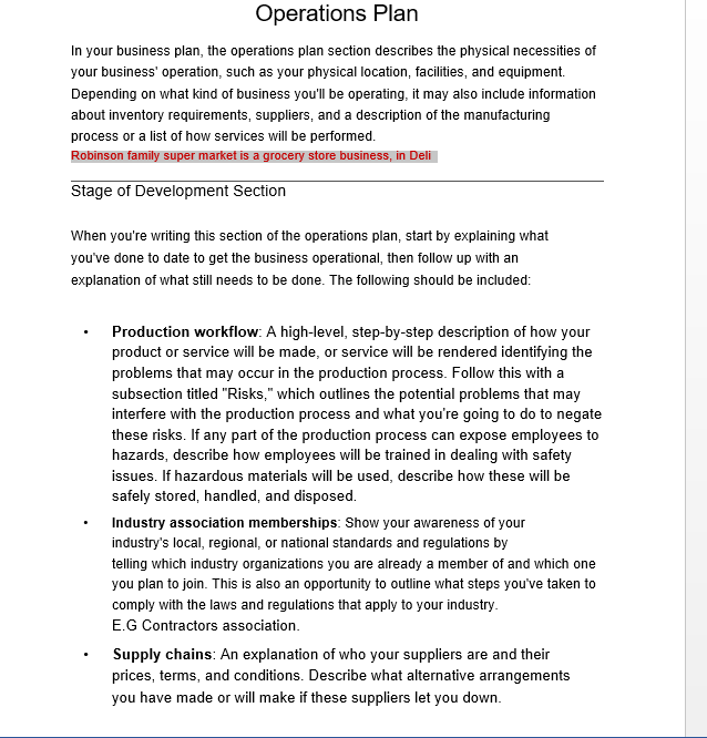 Operations Plan In your business plan, the