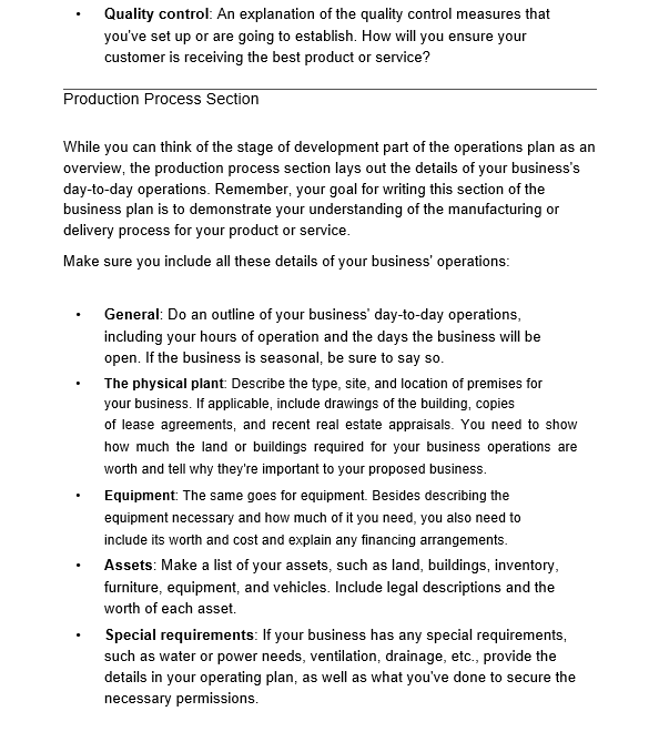 Operations Plan In your business plan, the