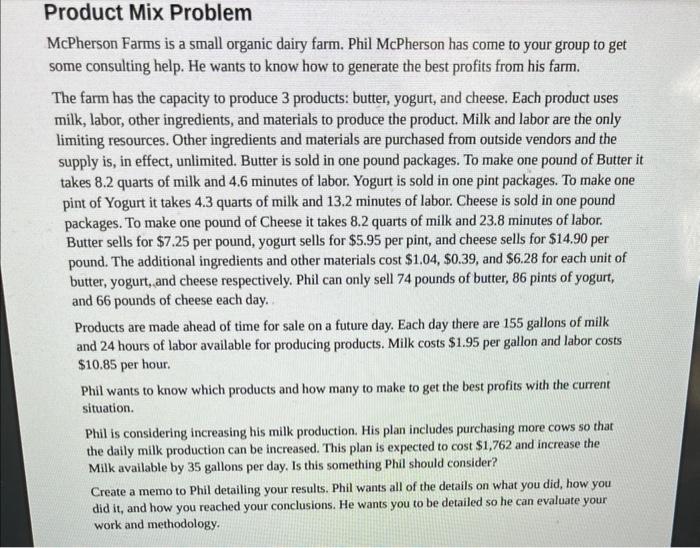 Product Mix Problem McPherson Farms is a small
