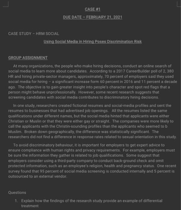 CASE #1 DUE DATE - FEBRUARY 21, 2021 CASE STUDY -