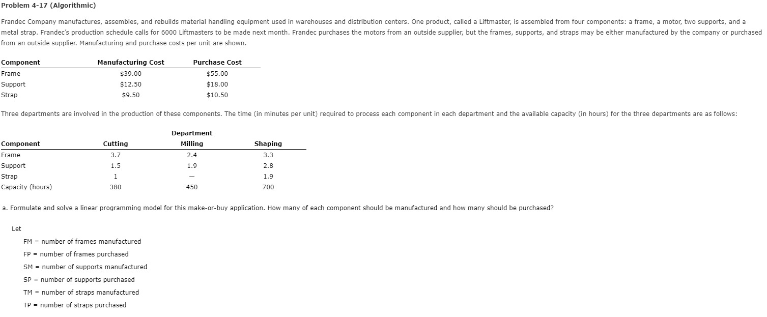 Problem 4-17 (Algorithmic) Frandec Company