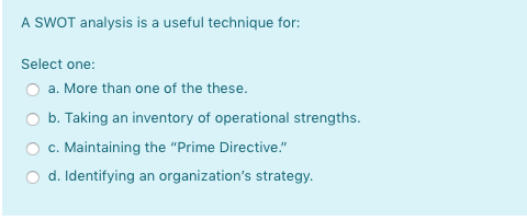 A SWOT analysis is a useful technique for: Select