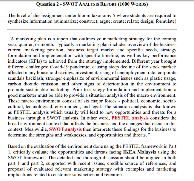 Question 2 - SWOT ANALYSIS REPORT (1000 WORDS)