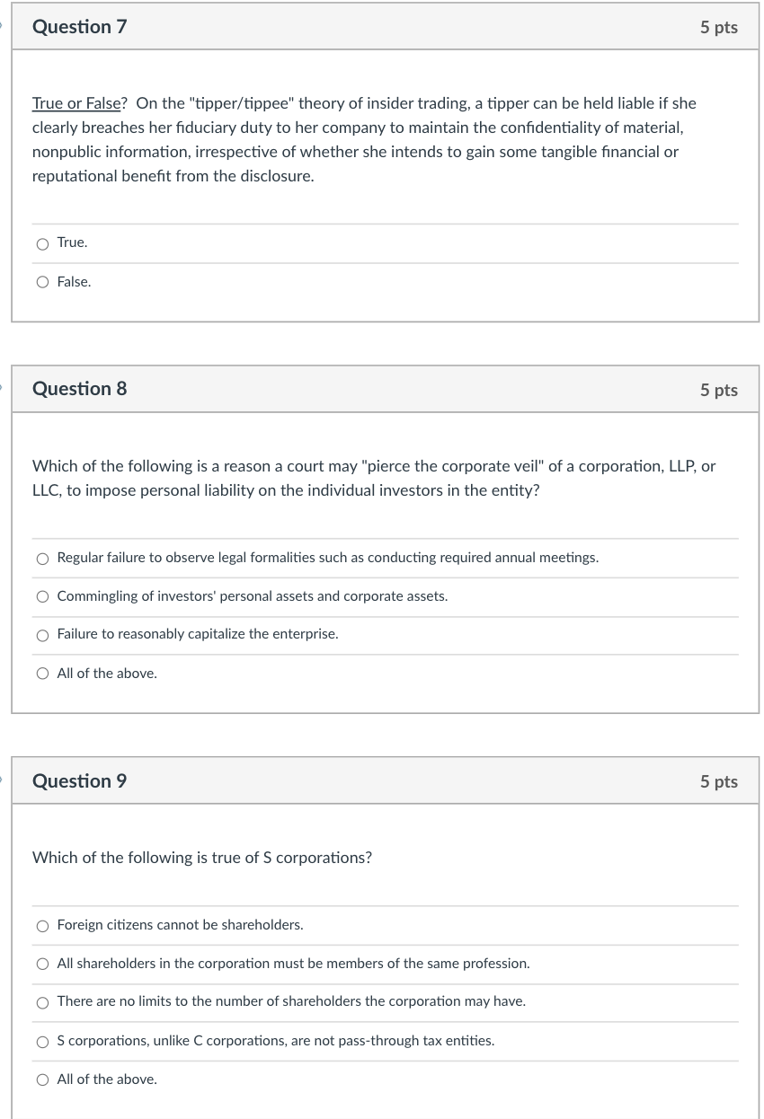 Question 7 5 pts True or False? On the