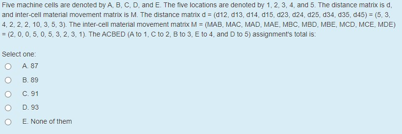 Five machine cells are denoted by A, B, C, D, and